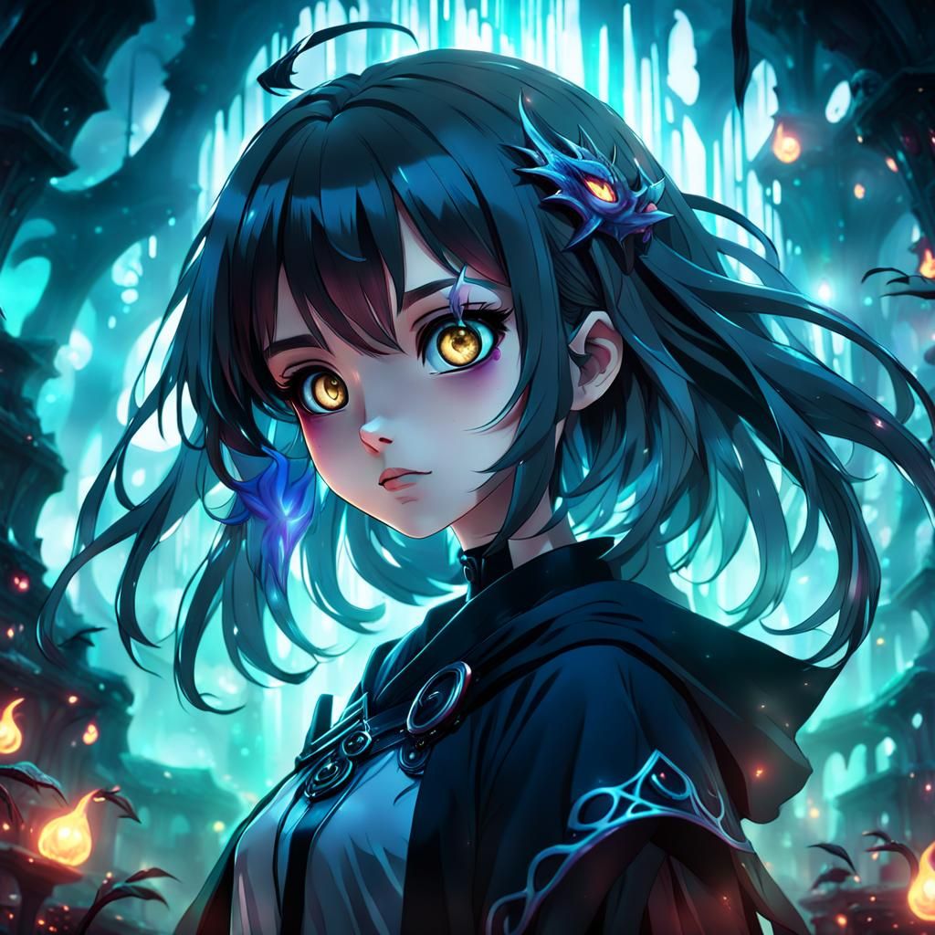 A cute realistic anime girl with evil expression and dark au...