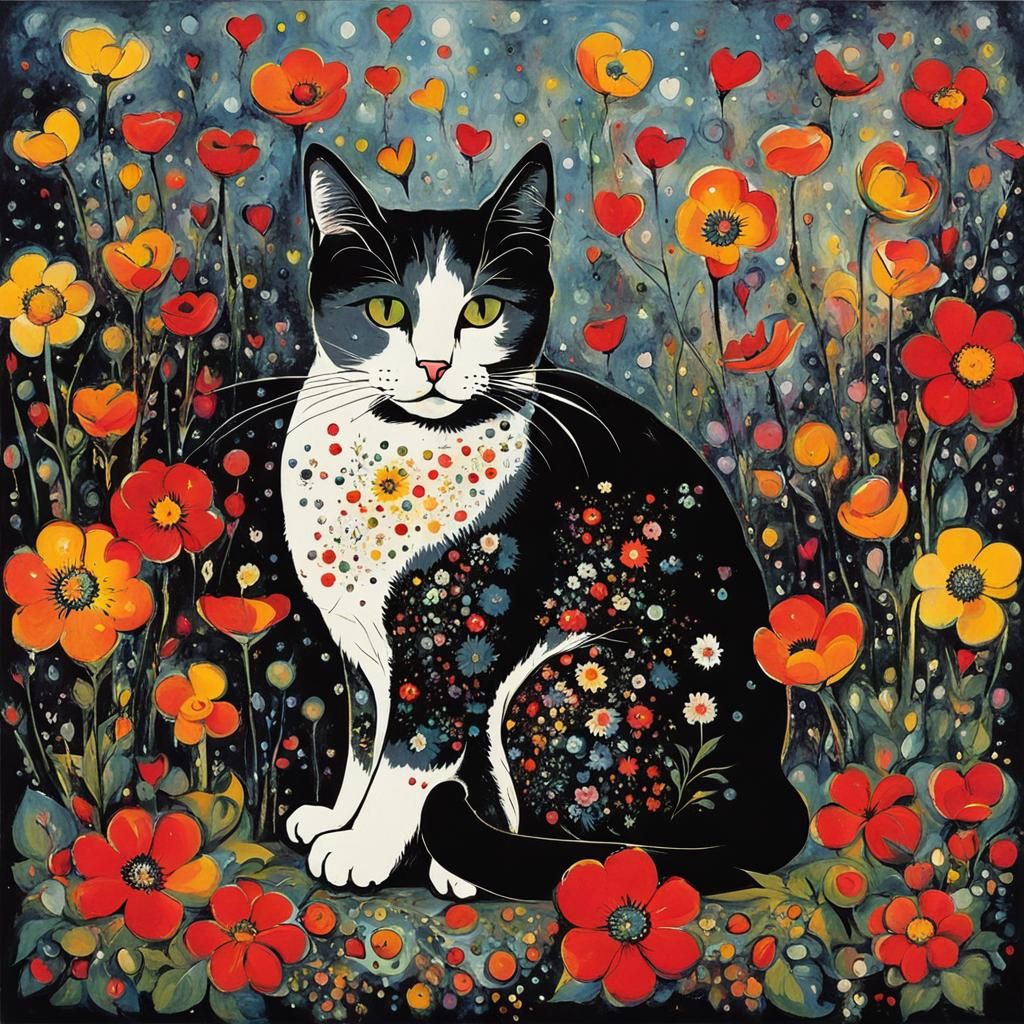Abstract Cat with Flowers in Drip Painting Style