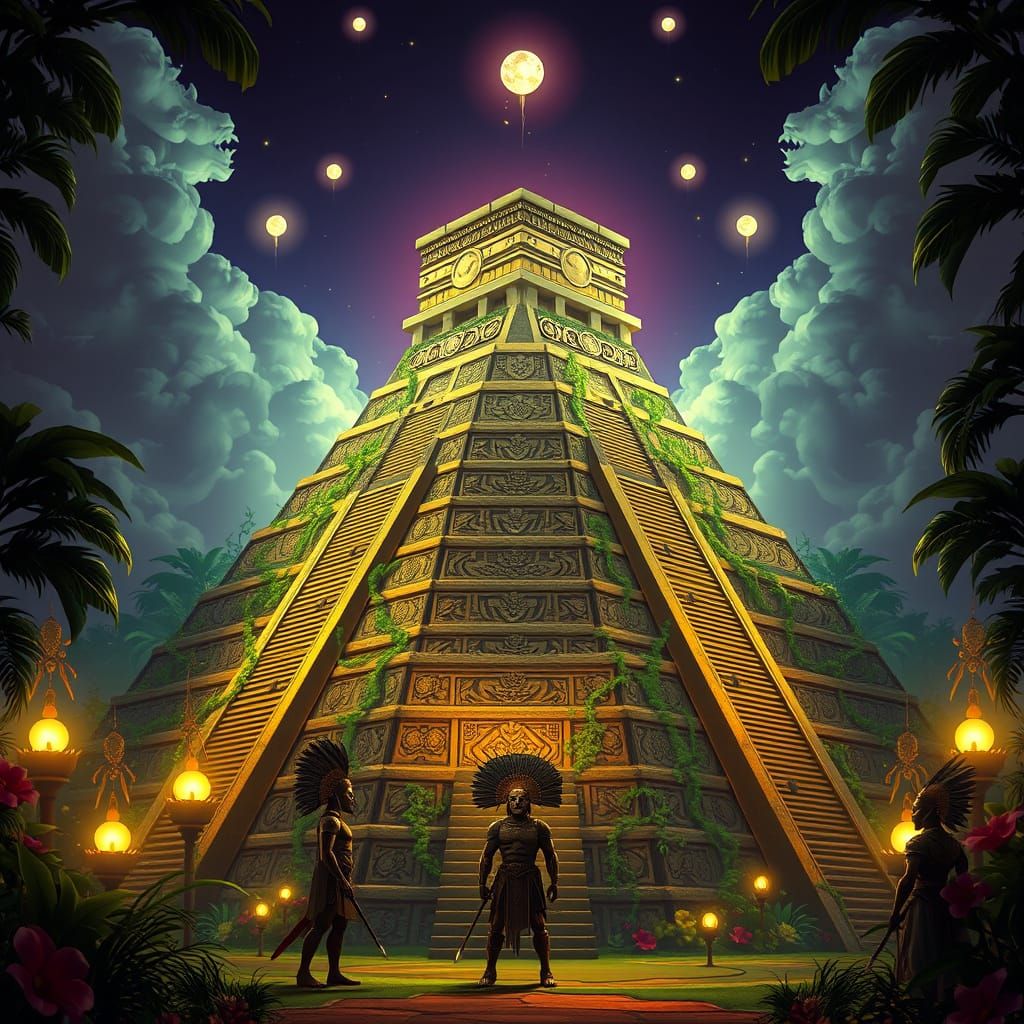 Historical Aztec Pyramid in Lush, Vibrant Tapestry