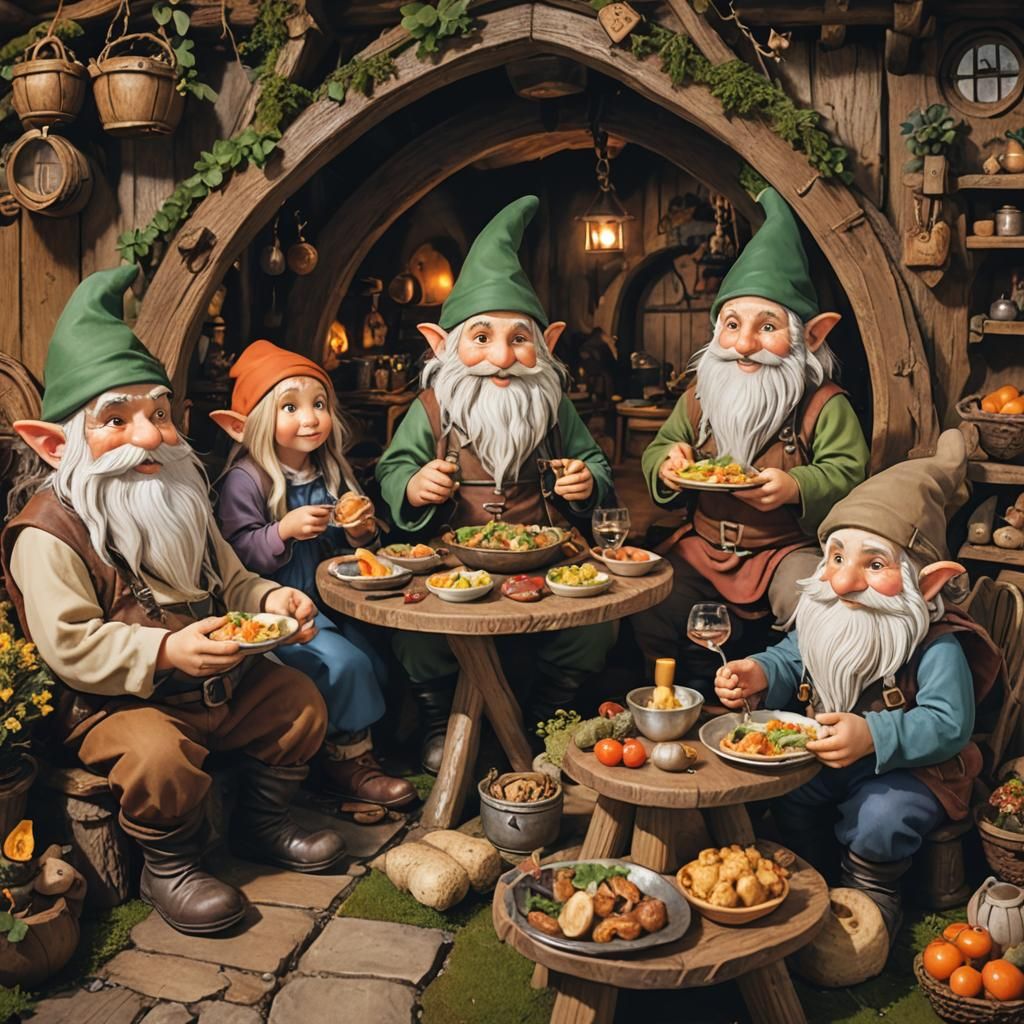 Gnome Family Dinner in Hobbit Dwelling