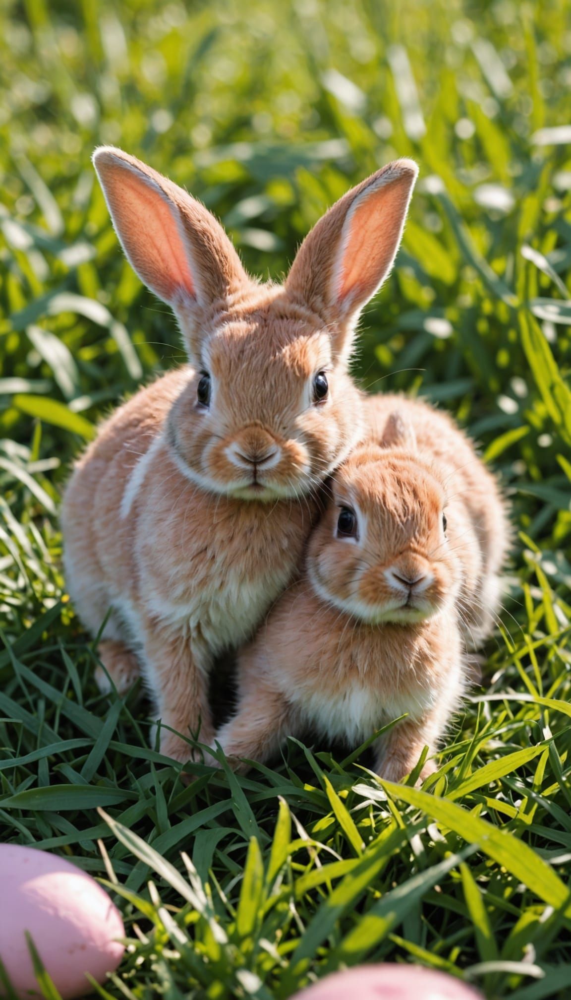 Pink Baby Bunnies Play in Sunny Grass