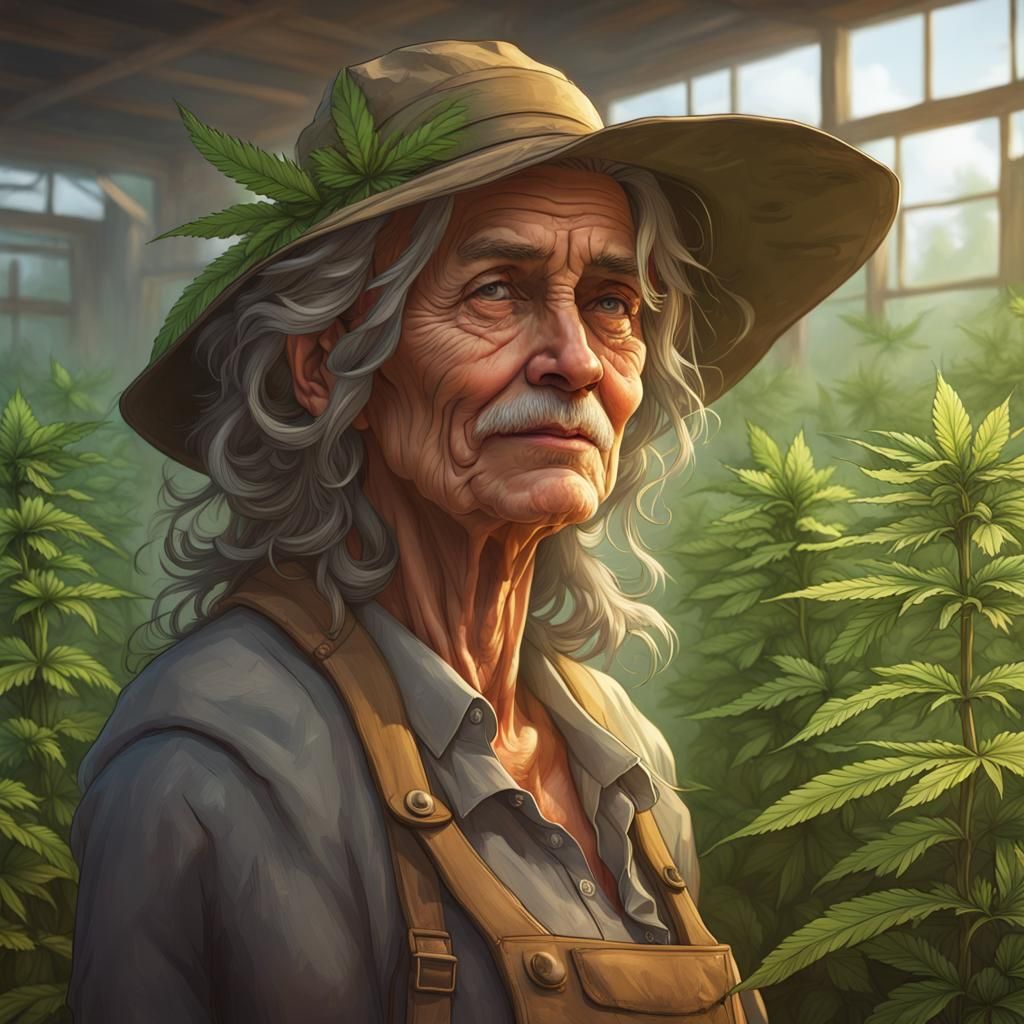 Caring Farmer and Cannabis Crop: Digital Art Portrait