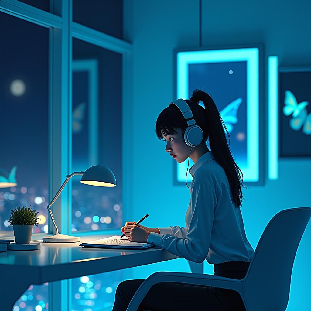 Cyberpunk Girl Studying in High-Tech Room