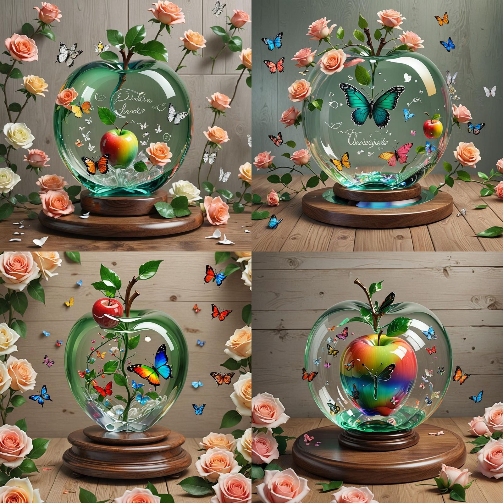 Rainbow Glass Apple with Roses in 3D