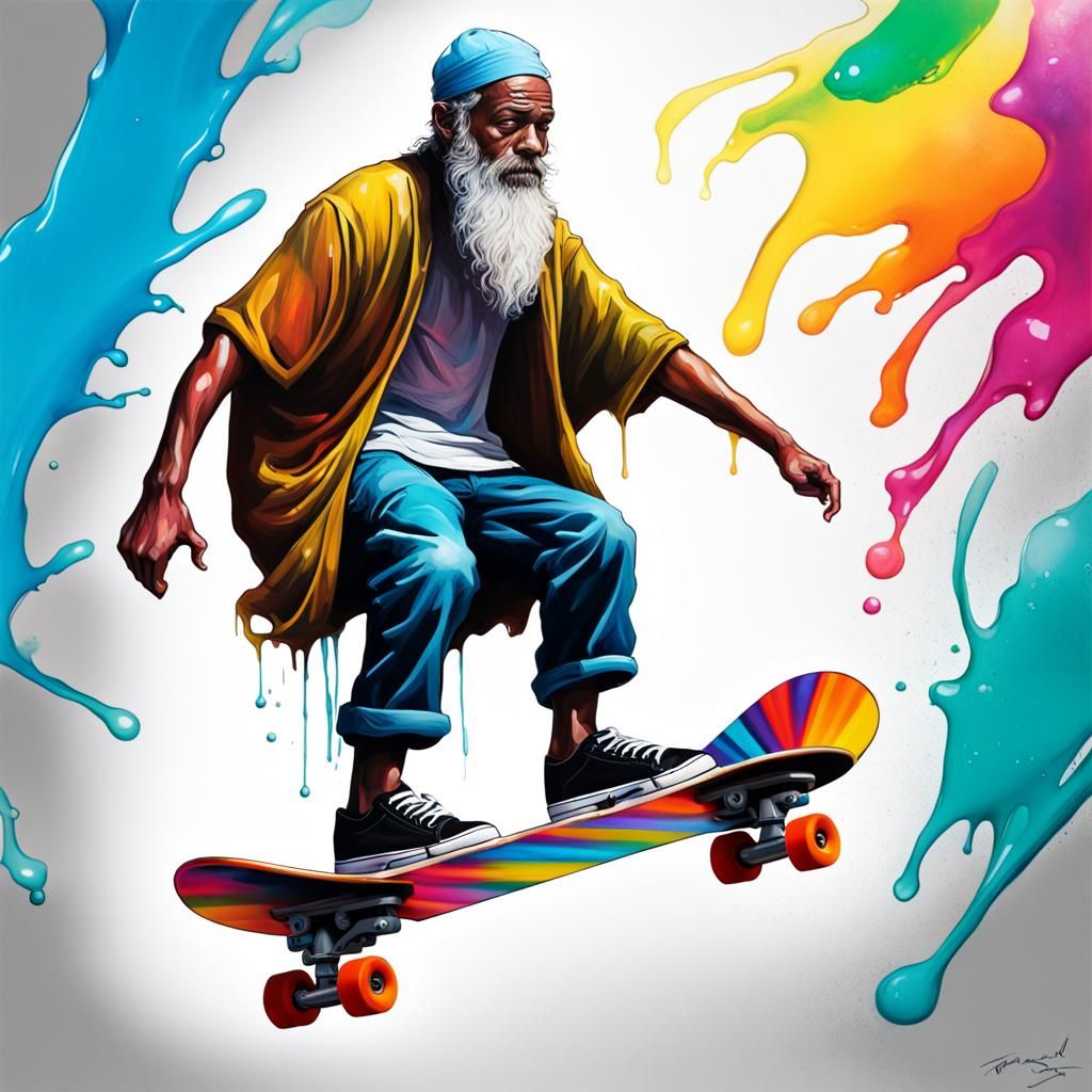 Moses Rides Glass Skateboard: Graffiti Street Art