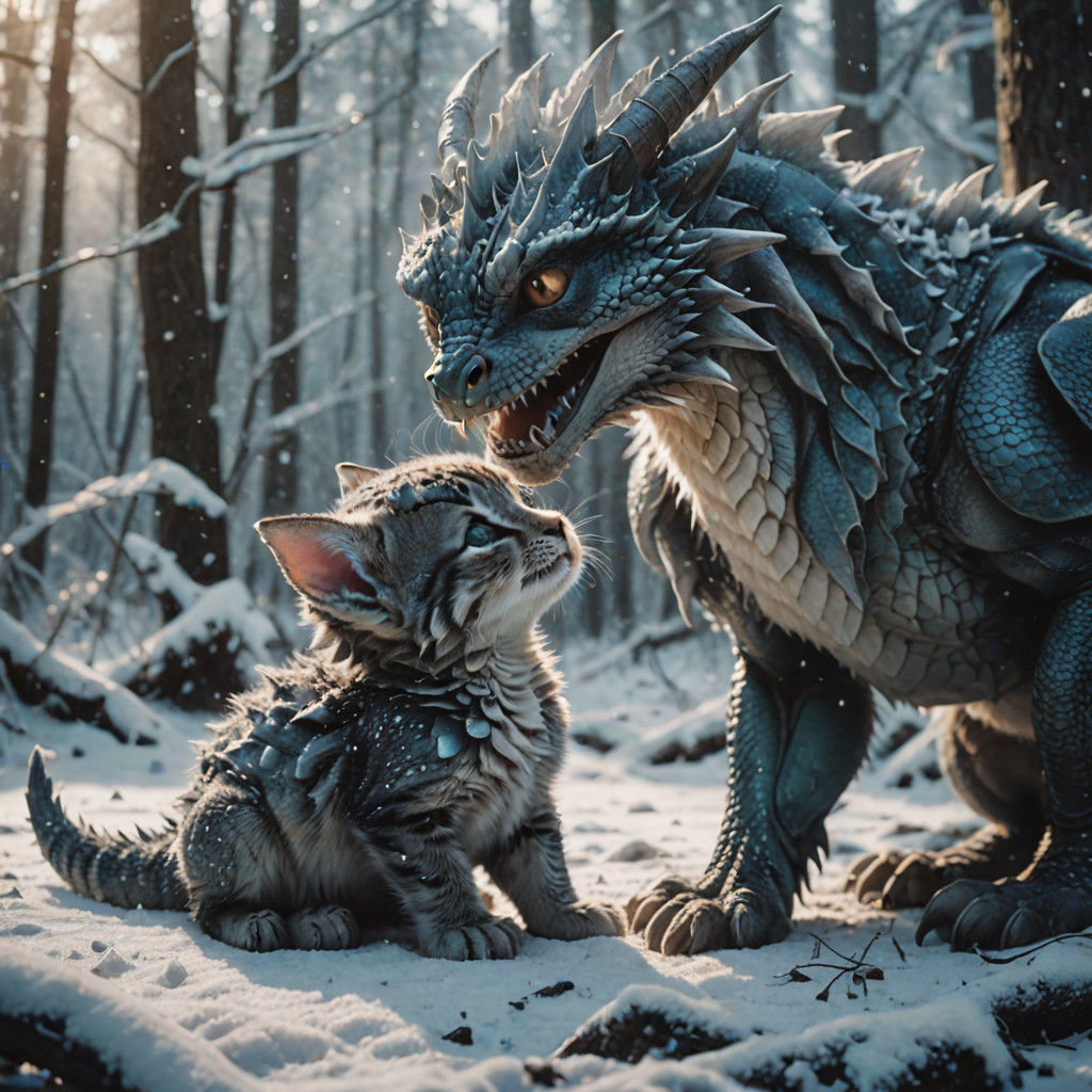 Baby Dragon and Kitten in Winter Wonderland