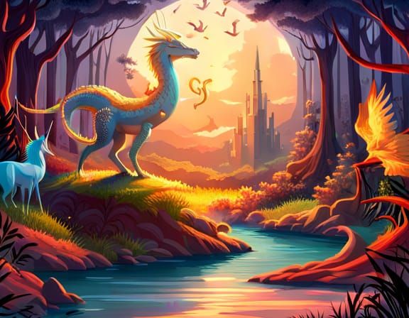 Magical Forest with Dragon, Centaur and Mythical Creatures