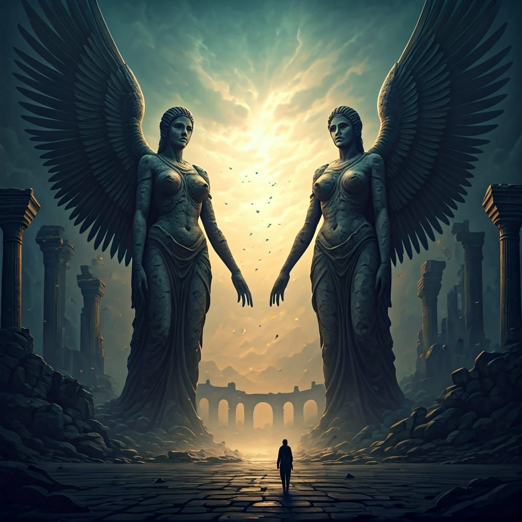 Majestic Stone Statues in Twilight, Inspired by Epic Art