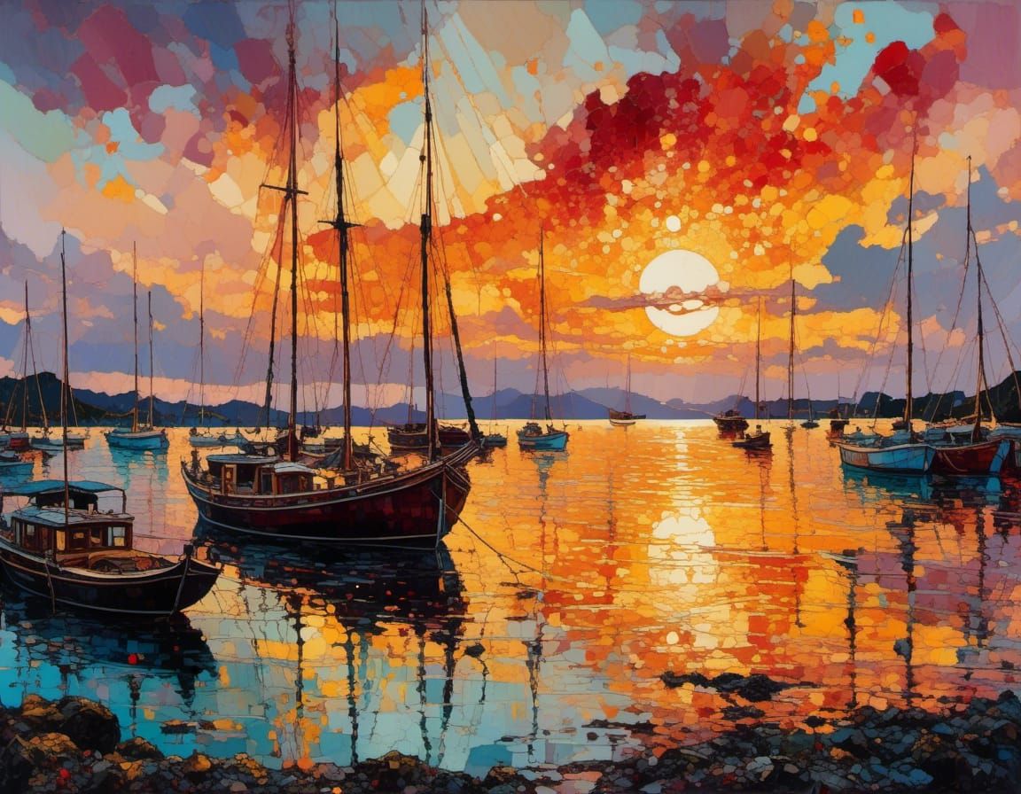 Colorful Caribbean Sunset as Stained Glass Painting