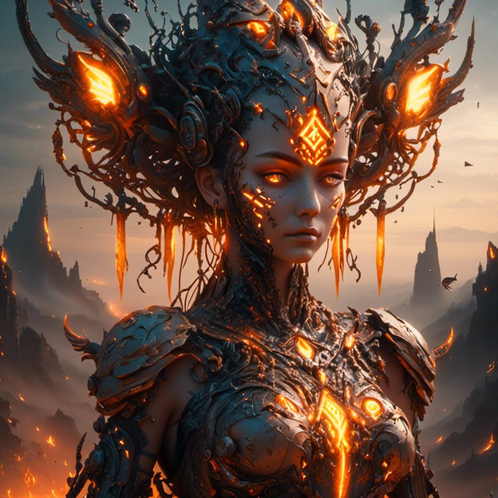 Robotic Tika Statue with Glowing Runes