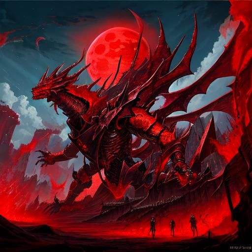 Robot god dragon with red lightning with blood rain and bloo...