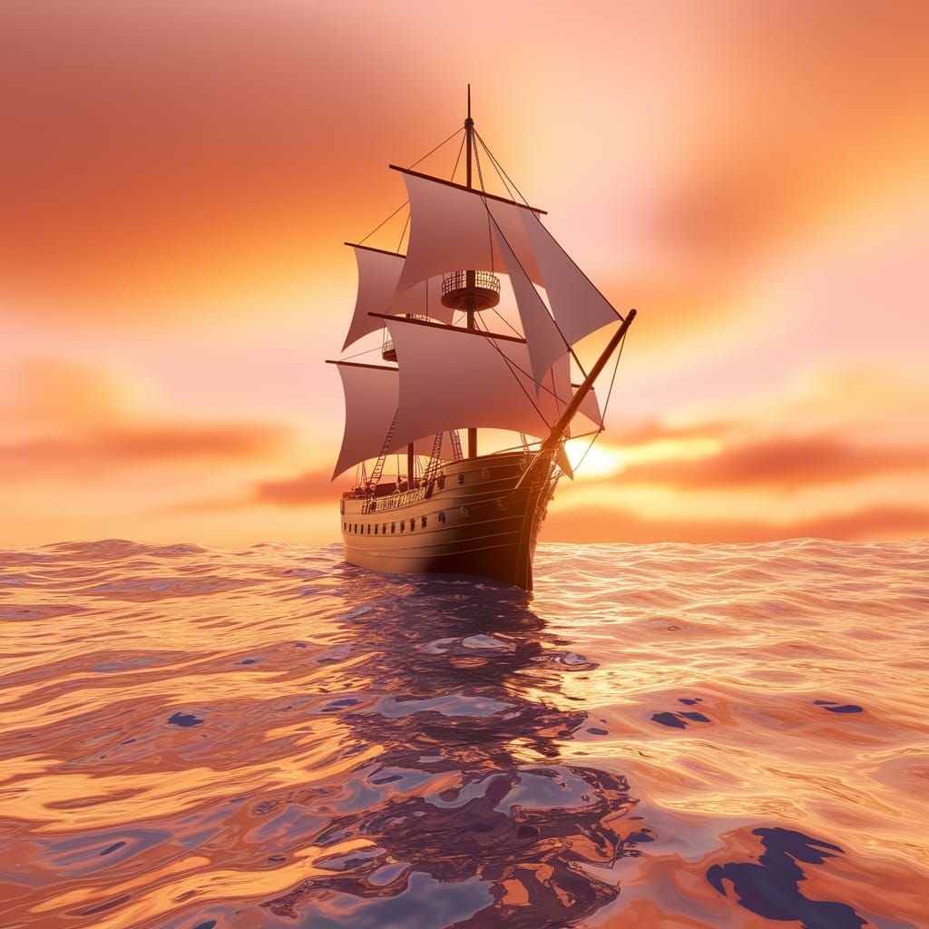 Majestic Ship Floating on a Sunset Ocean: 3D Render