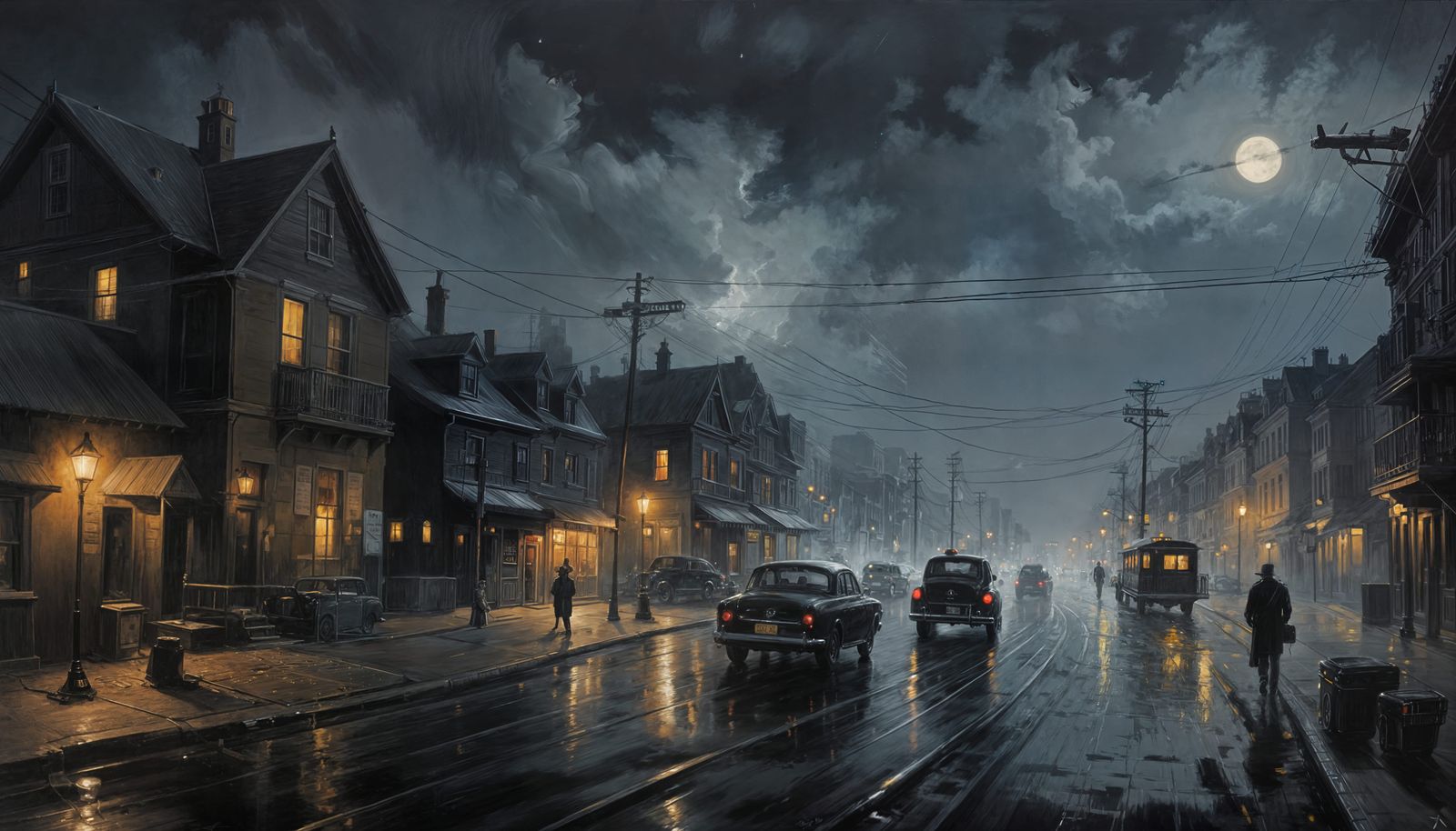 Mysterious Nighttime Cityscape in Noir Style