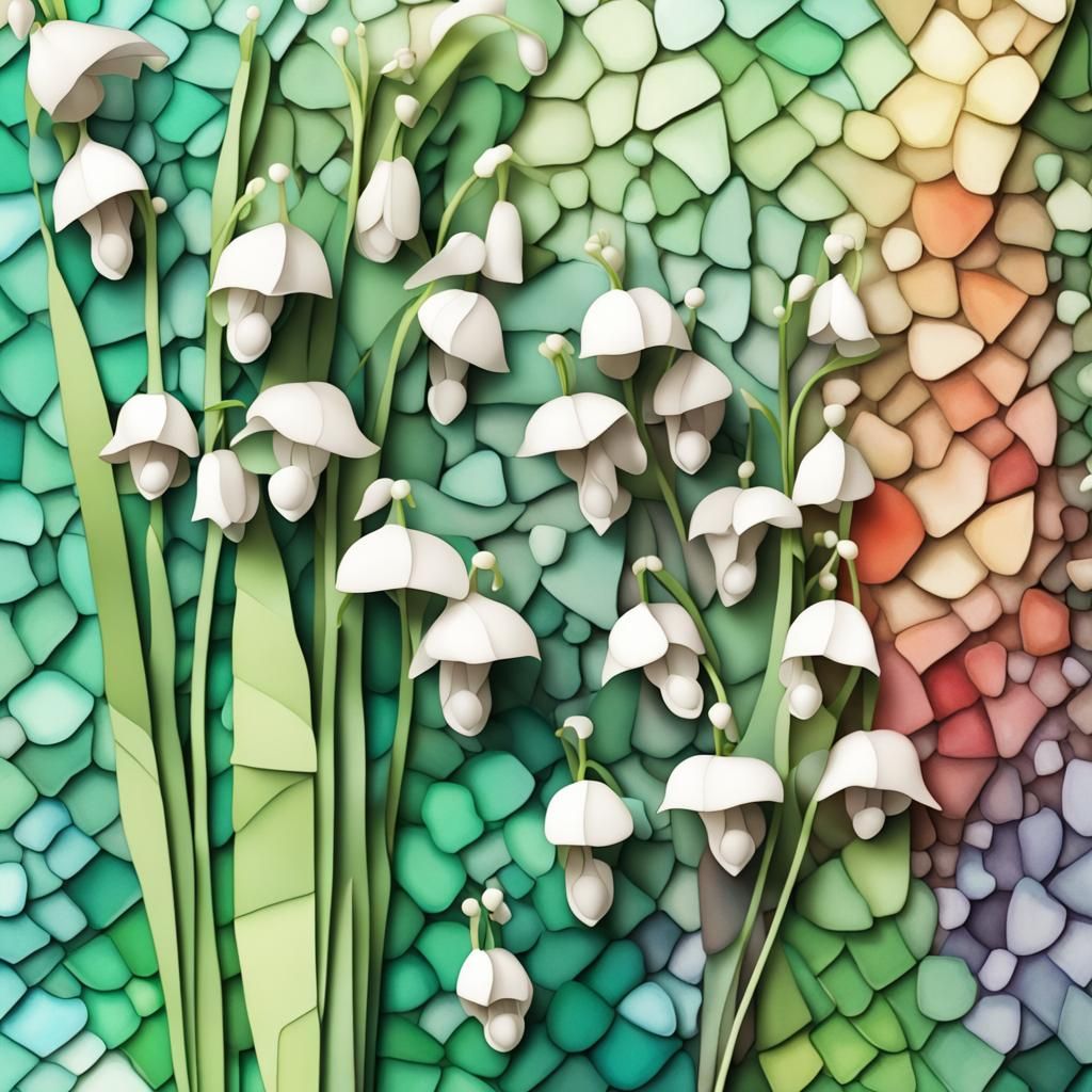 Junk Journal Background, 3d Abstract Shapes Mosaic Watercolor, Lily of the Valley Color Palette, Deep Layered 3d Shading...