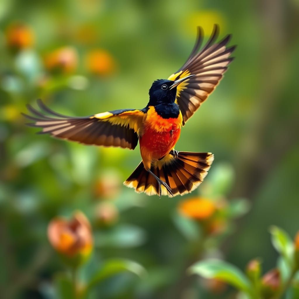 Vibrant Oriole in Whirlwind Dance