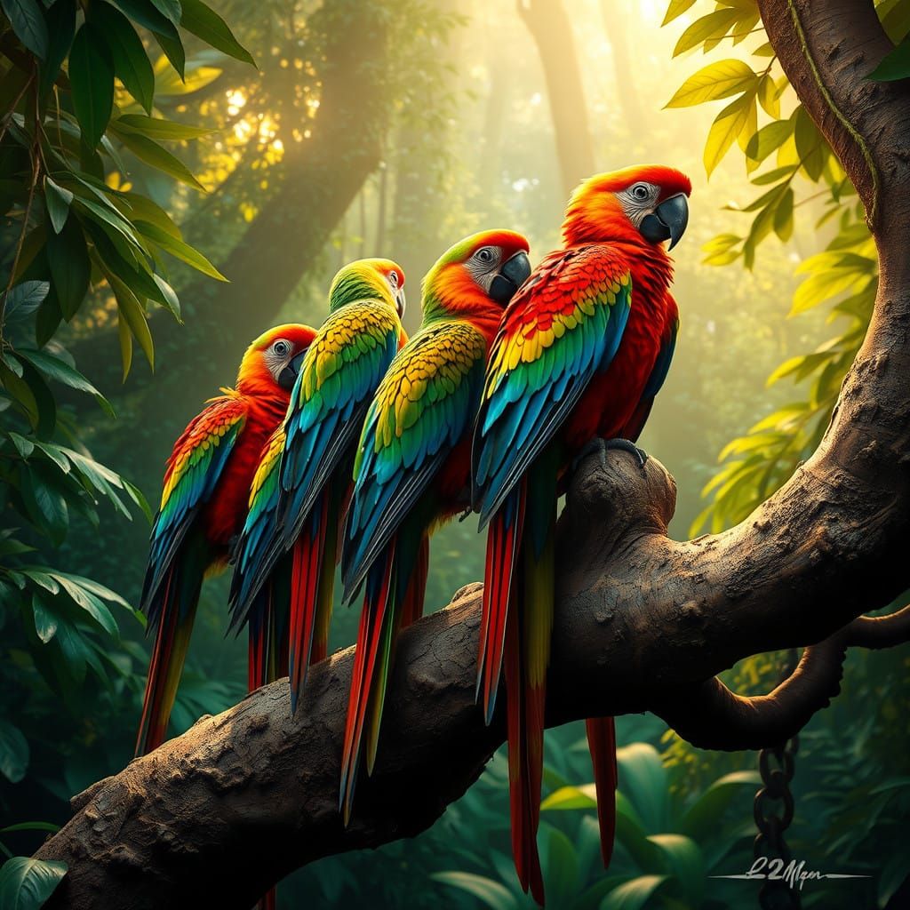 Parrots on a Branch in Emerald Rainforest