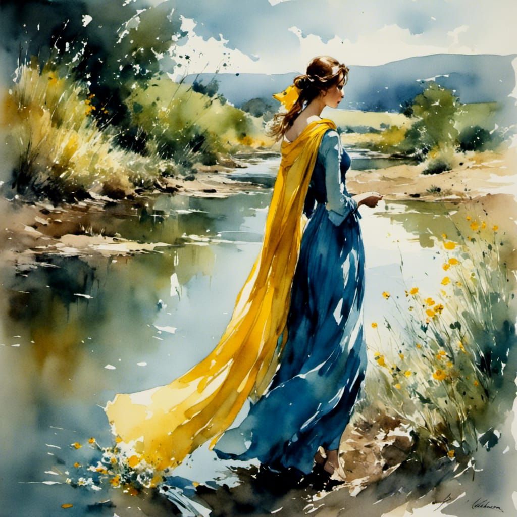 Woman at Riverbank in Lush Watercolor Style