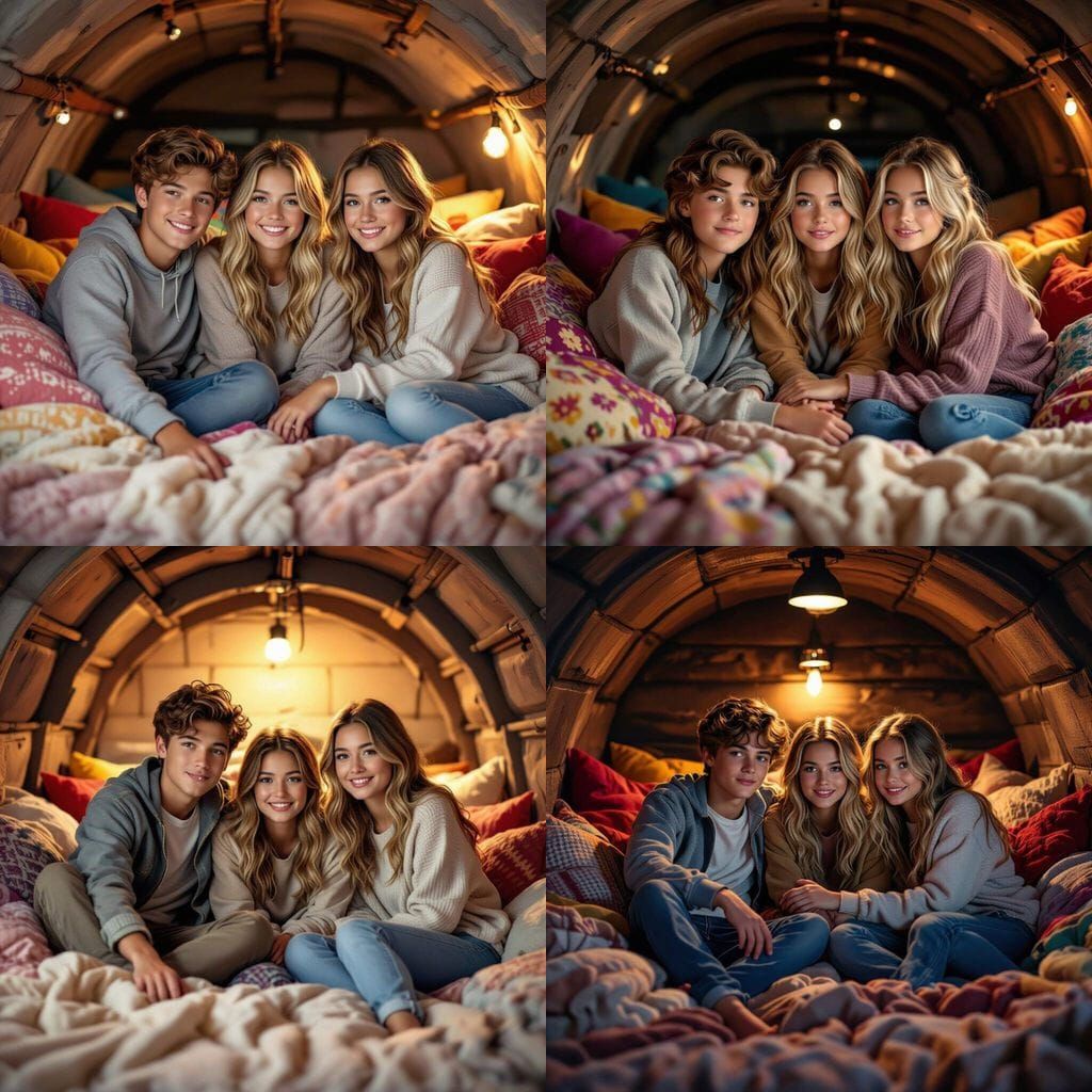 Cozy Bunker Scene with Young Adults, Realistic Style