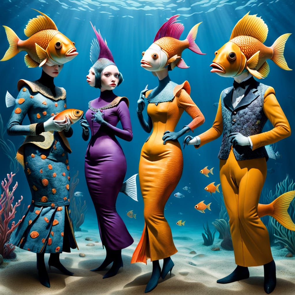 Whimsical surreal costumed fish people