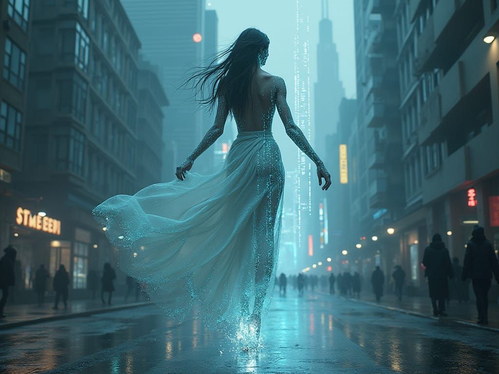Ethereal Woman in Dystopian Cityscape, Photorealistic