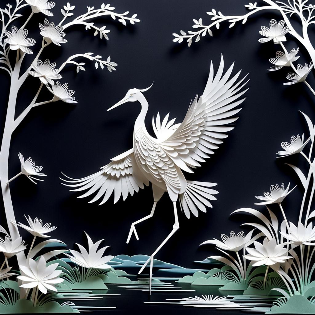 Dancing Kirigami Crane Sculpture on Black Background
