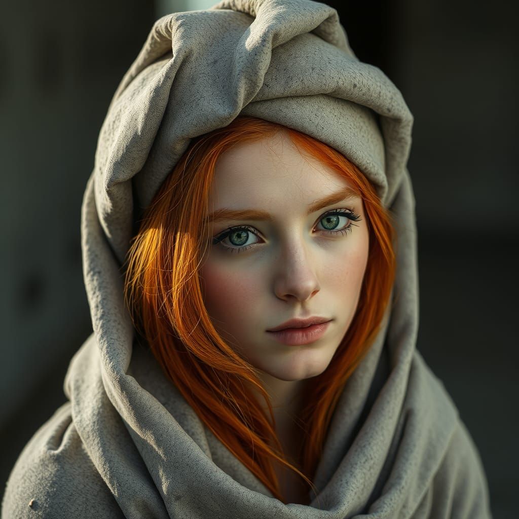 Red-Haired Girl in Concrete Turban, Evocative Portrait