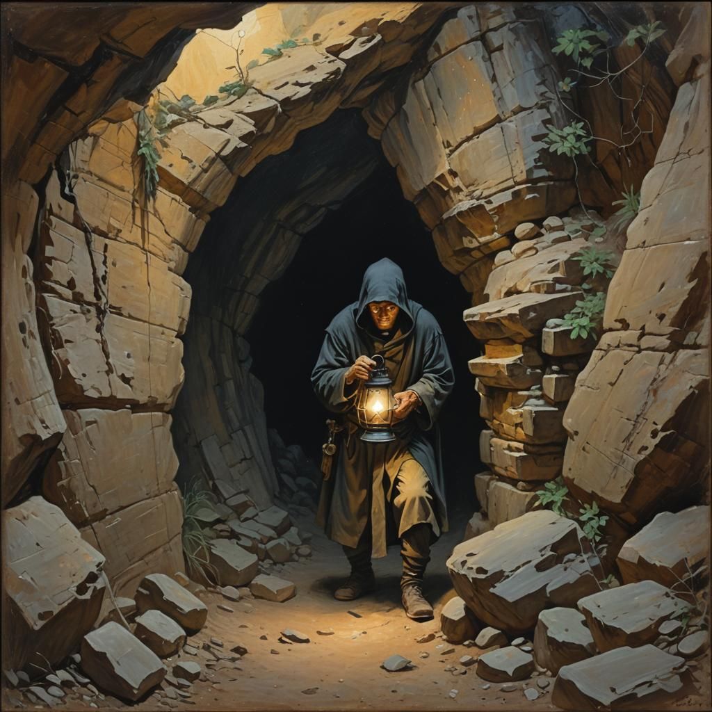 Thief in Cave with Lantern, Oil Painting