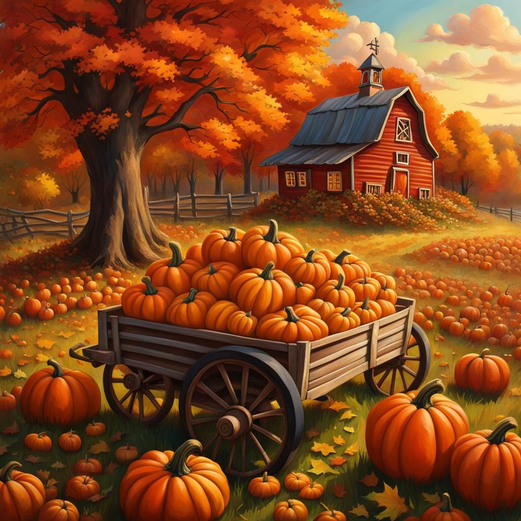 Autumn Harvest Scene with Pumpkins and Farm