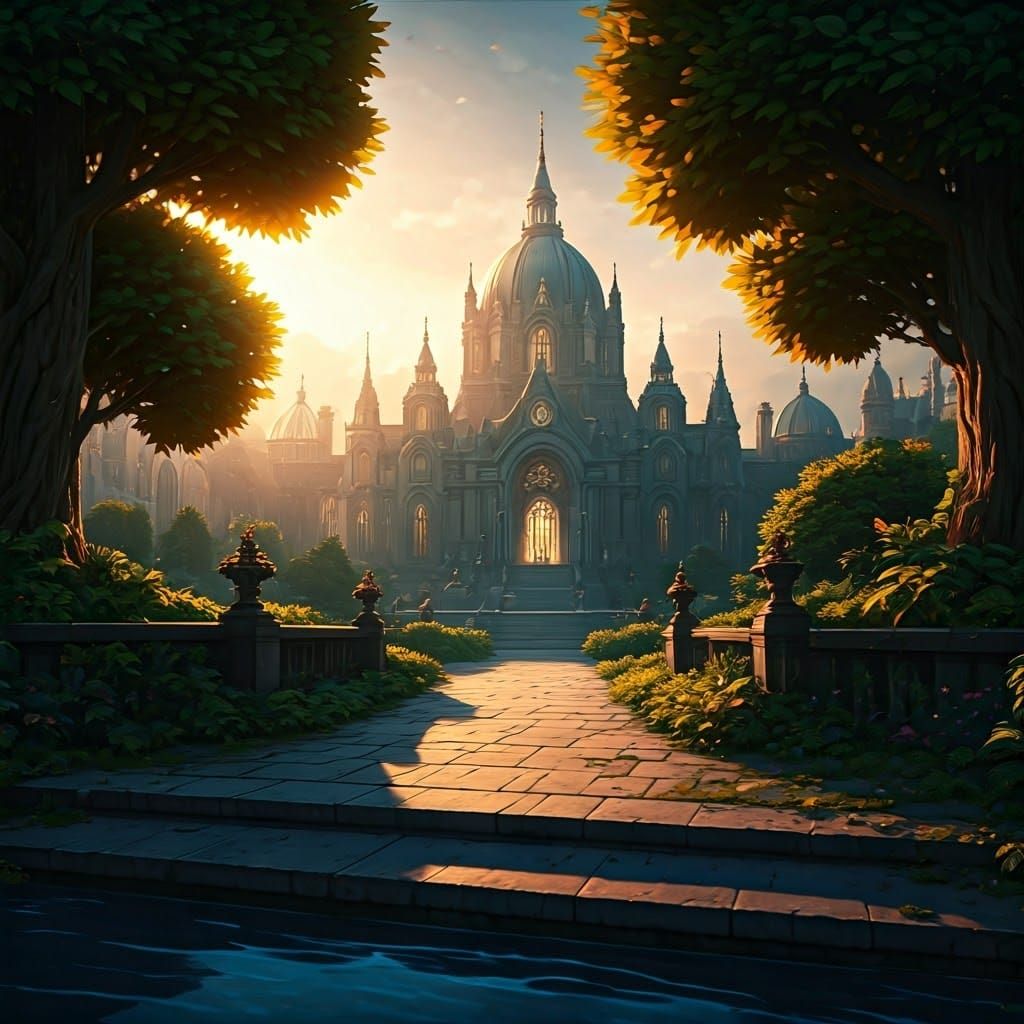 Majestic Palace Amidst Lush Courtyard and Sunset River