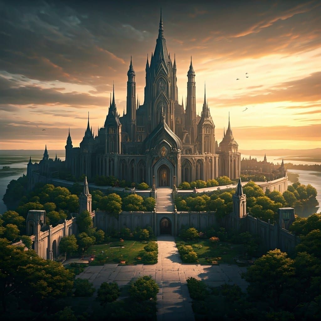 Royal Palace at Sunset Amidst Lush Courtyard and Flowing Riv...