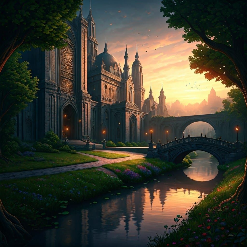 Royal Palace at Sunset Amidst a Serene River Landscape