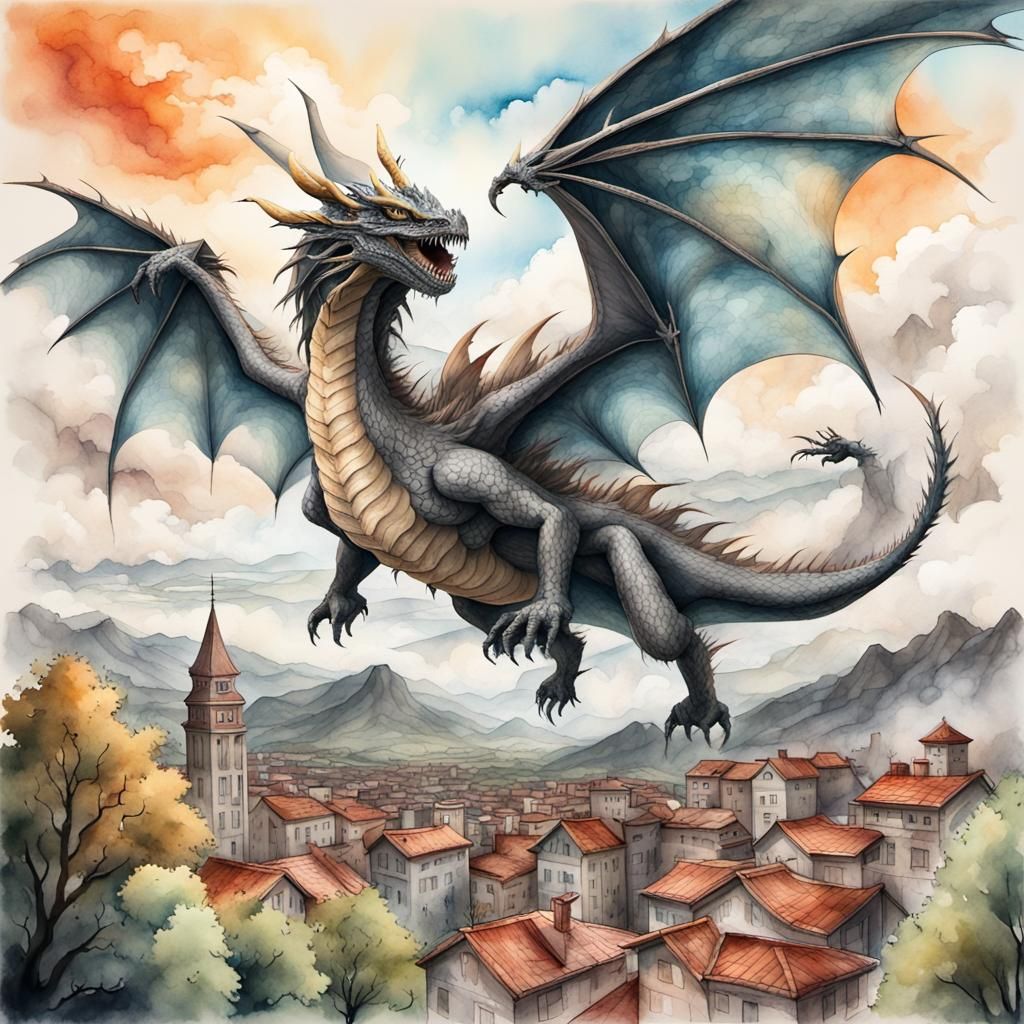 Dragon Soaring Over Town: Watercolor Charcoal Illustration