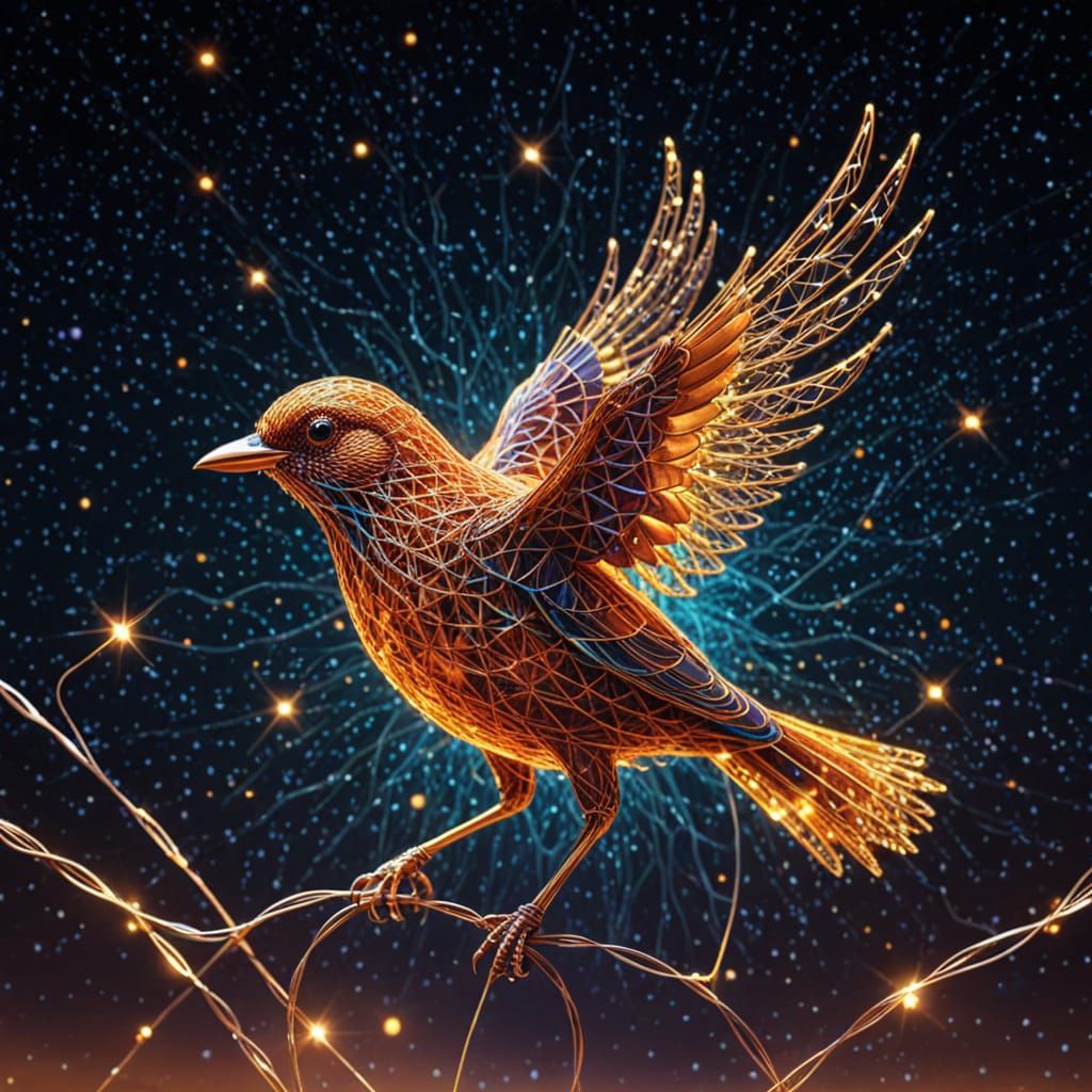 Luminous Wire Bird in Warm Tones on Starry Night