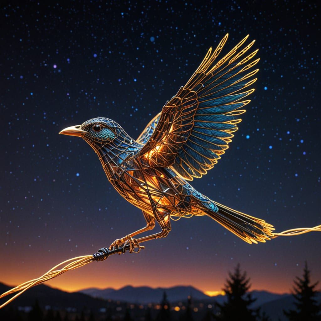 Glowing Wire Bird in Warm Tones on Starry Cosmic Background