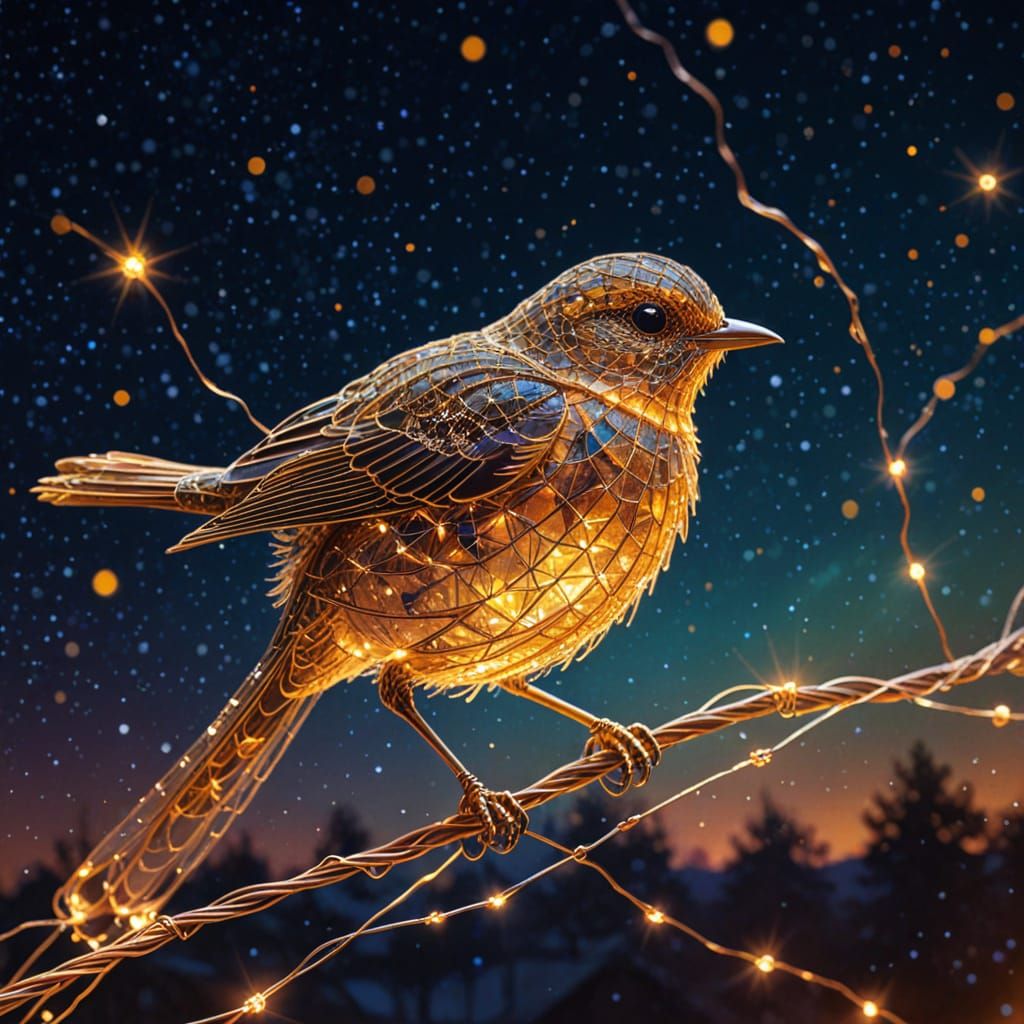 Luminous Wire Bird in Warm Tones on Starry Sky
