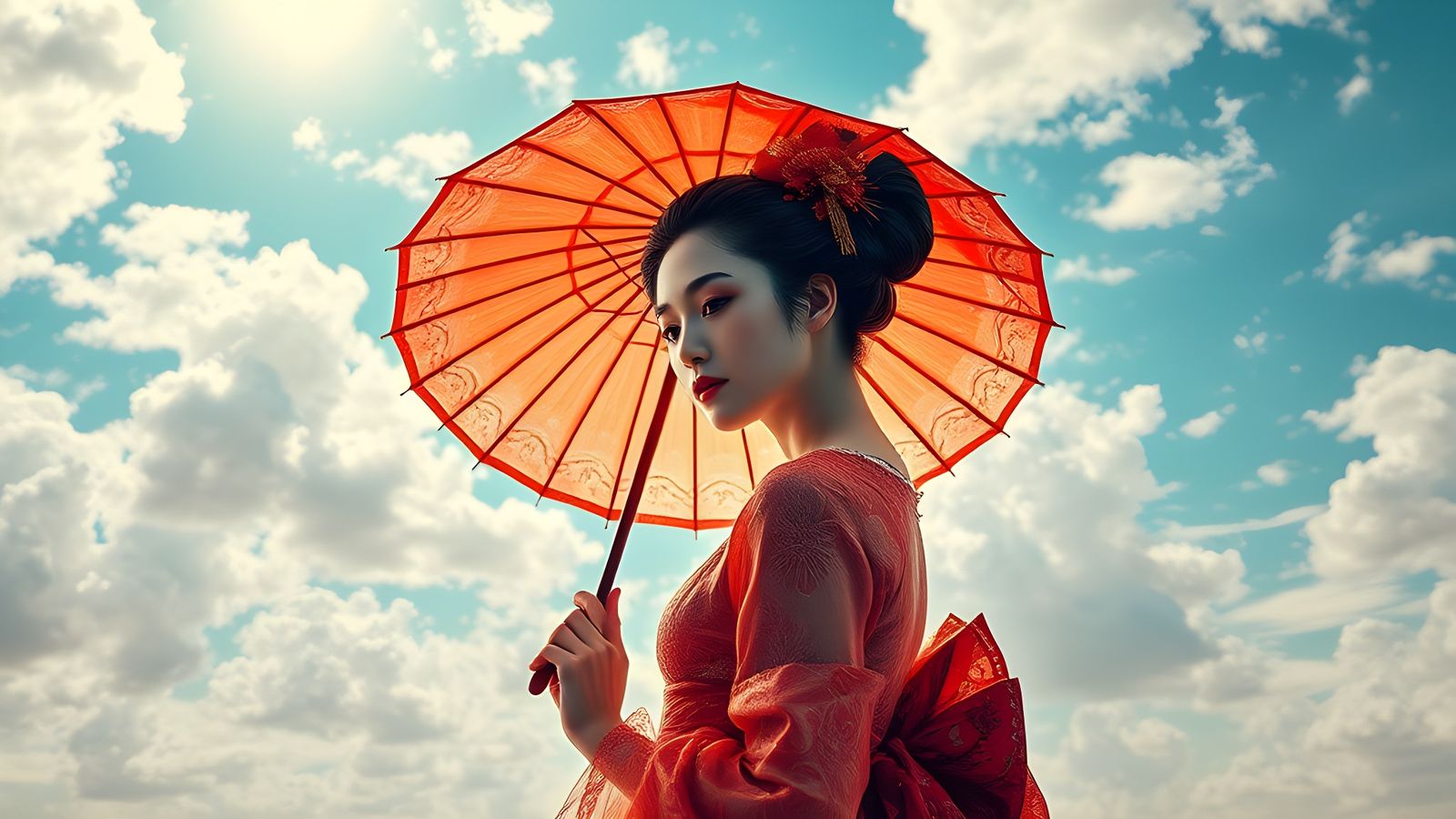 Translucent Geisha with Red Parasol in Hyperrealistic Style