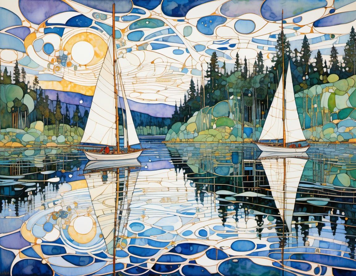 White Sails on Lake: Ink and Watercolor Art