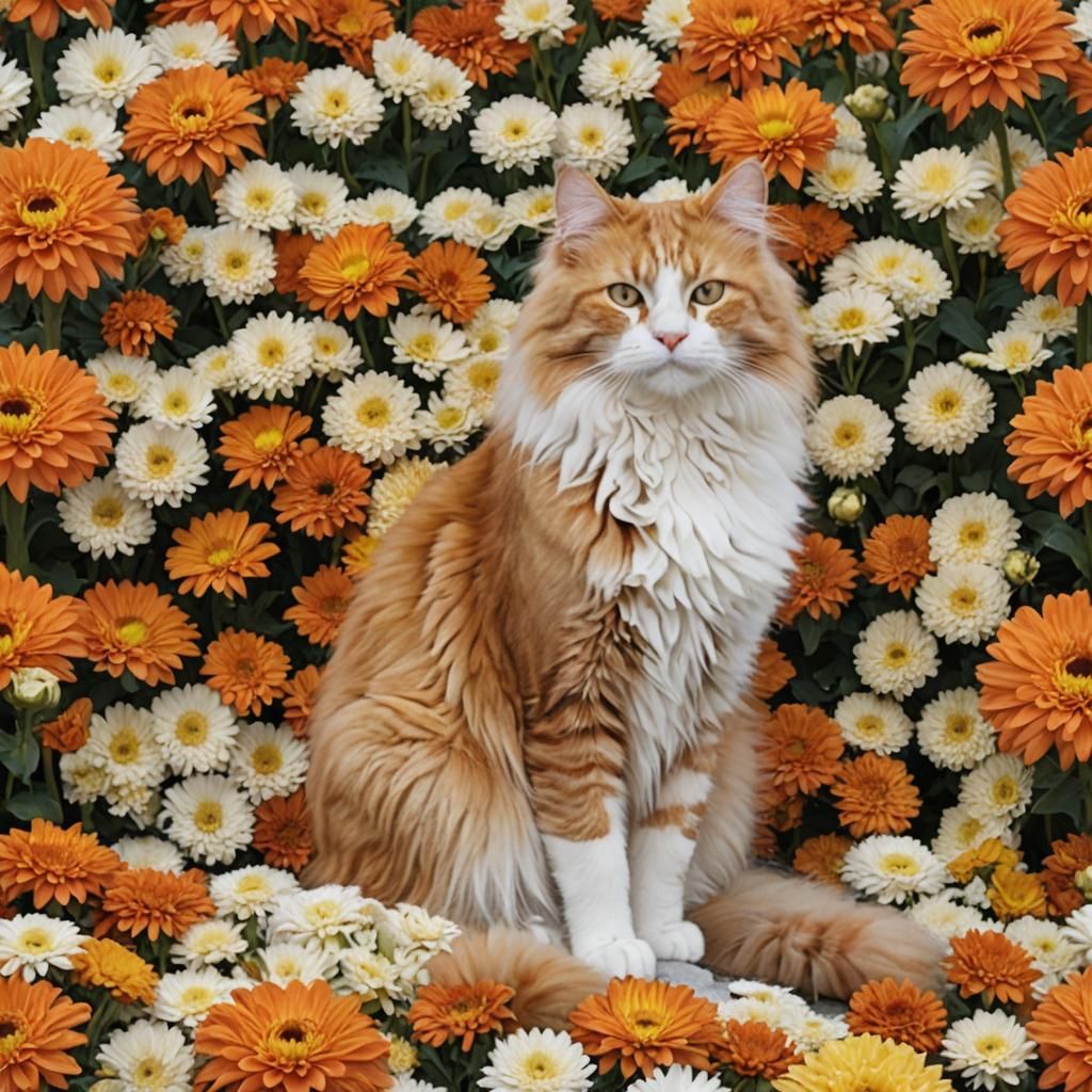 Fluffy Orange Cat in a Chrysanthemum Garden