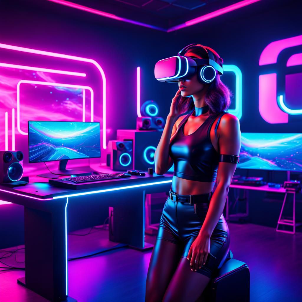 Woman's VR Gaming Setup in Synthwave Neon Style