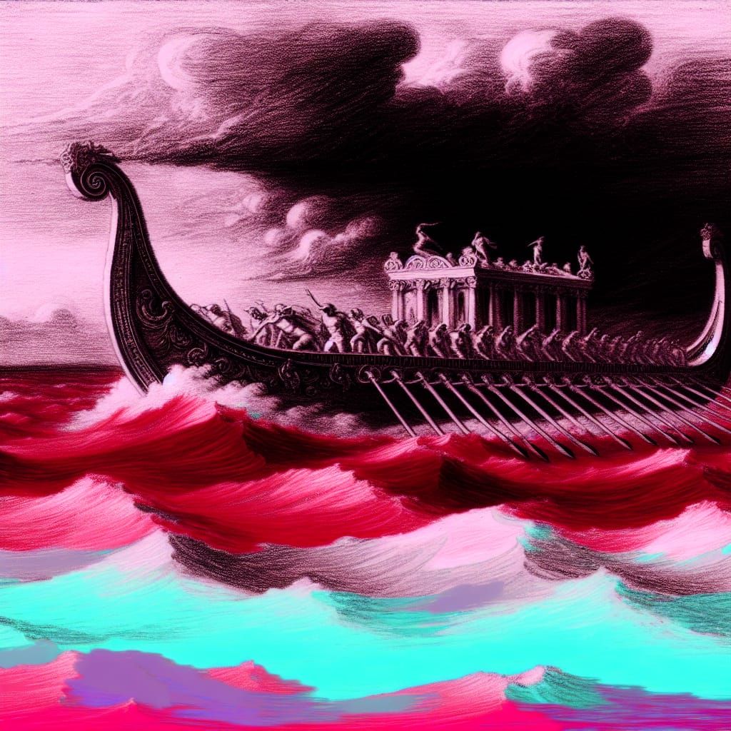 Roman Galley on Dying Earth in Synthwave Horror Style