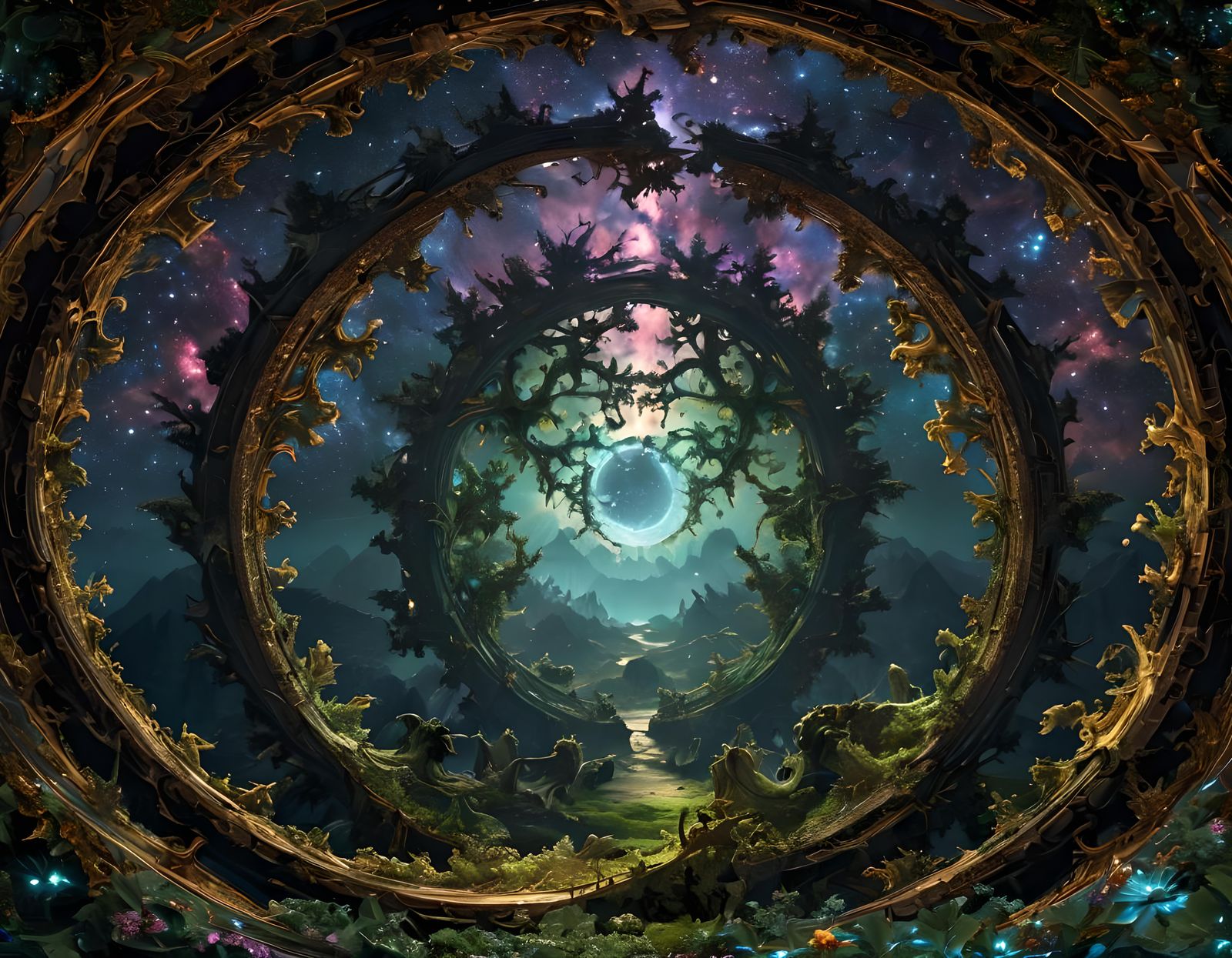 Peering through a vast portal, you glimpse a universe compos...