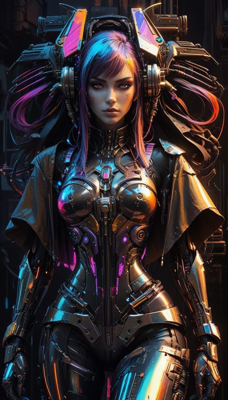 Futuristic Pirate Femmebot in Neon Cityscape