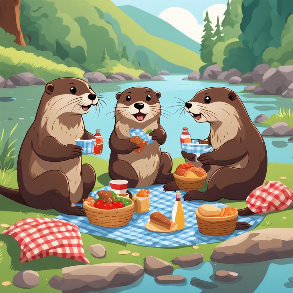 Animated Otter Family Picnic by the River