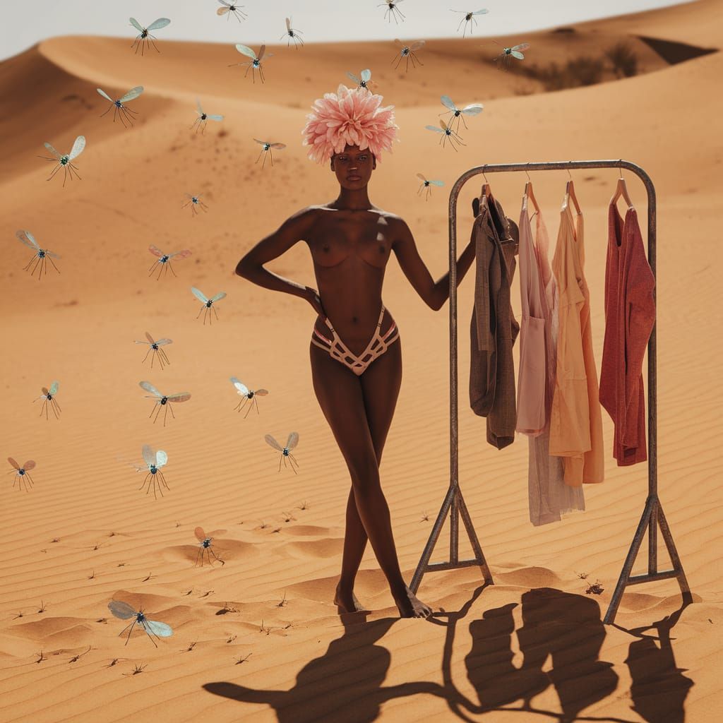 Fashion model with some clothes and mosquitoes