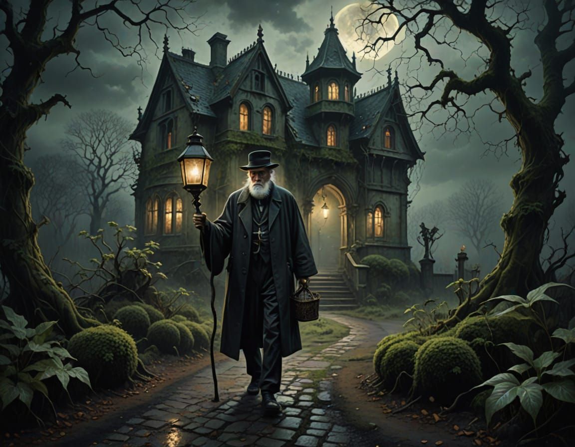 Gothic Old Man Walks Through Mysterious Abandoned Mansion at...