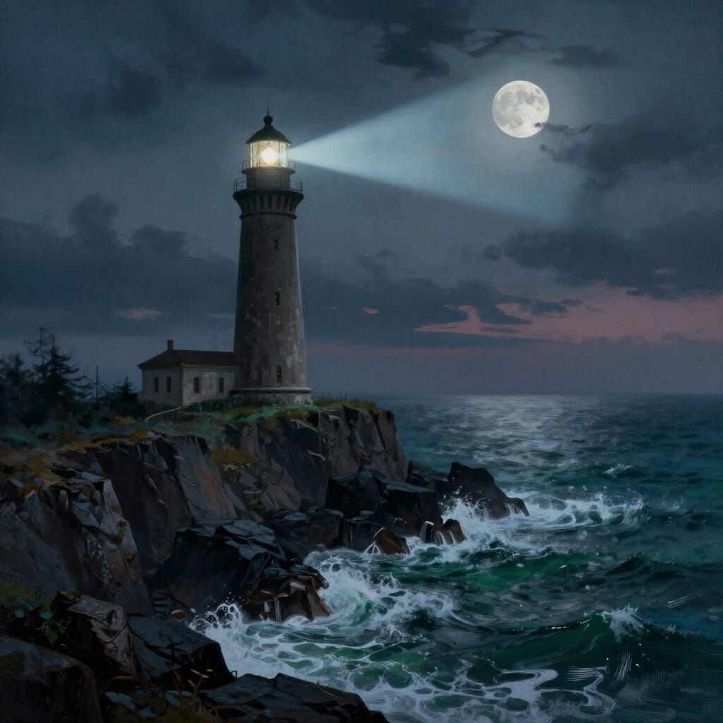 Ancient Lighthouse Beam in Stormy Fantasy Art