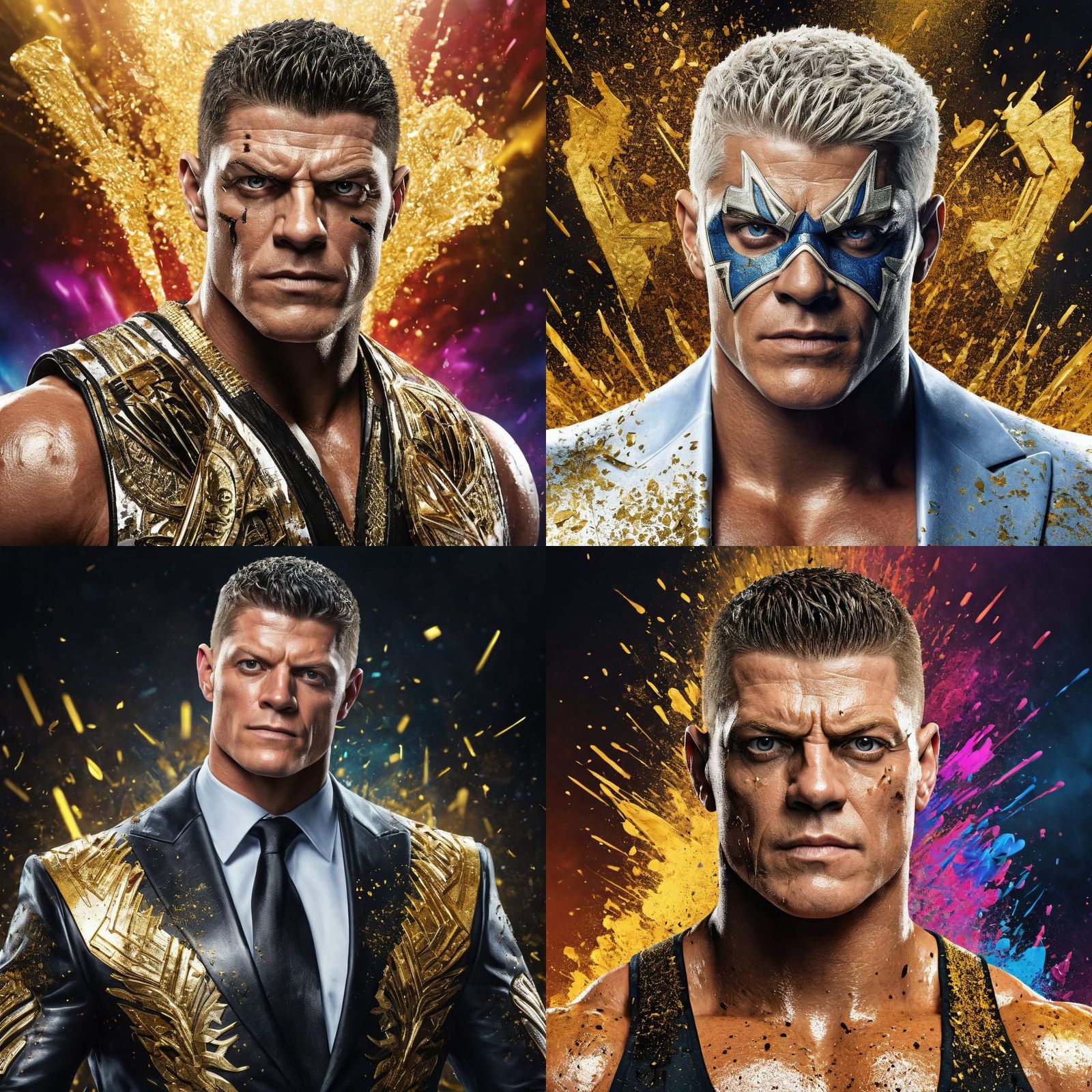 Hyperrealistic Wrestler Portrait with Gold Dust Accents