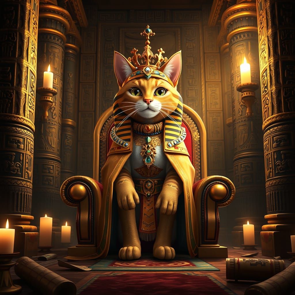 Majestic Cat Pharaoh on Throne in 3D Anime Style