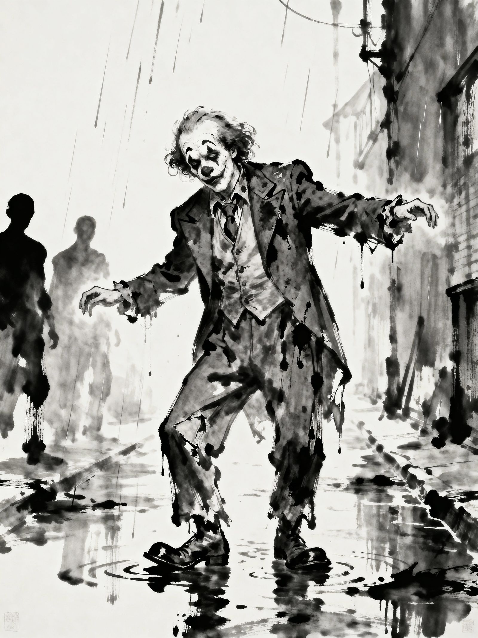 Melancholic Clown in Rain-Slicked Alley Ink Wash Painting