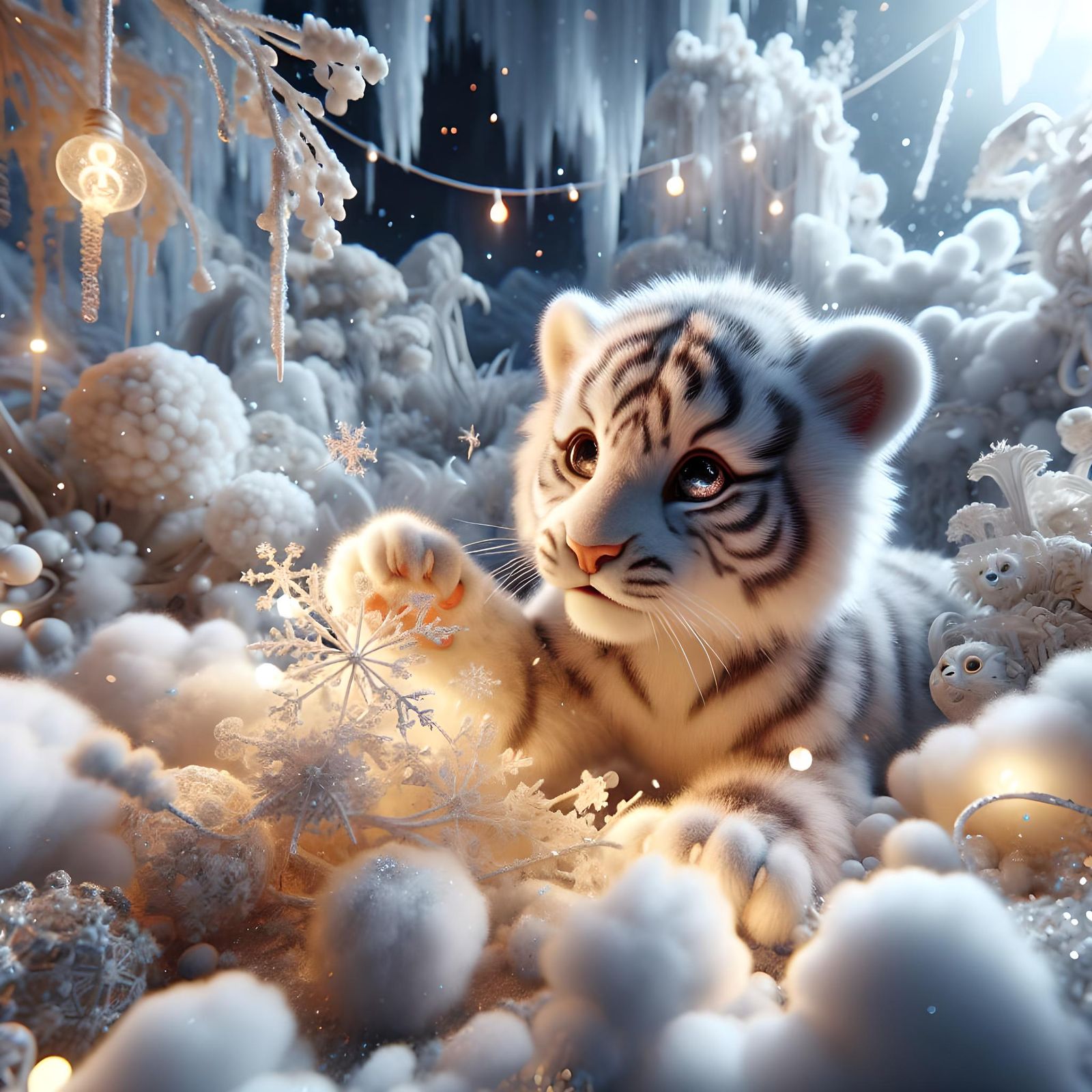 White Tiger Cub Plays in Snowy Fantasy Realm